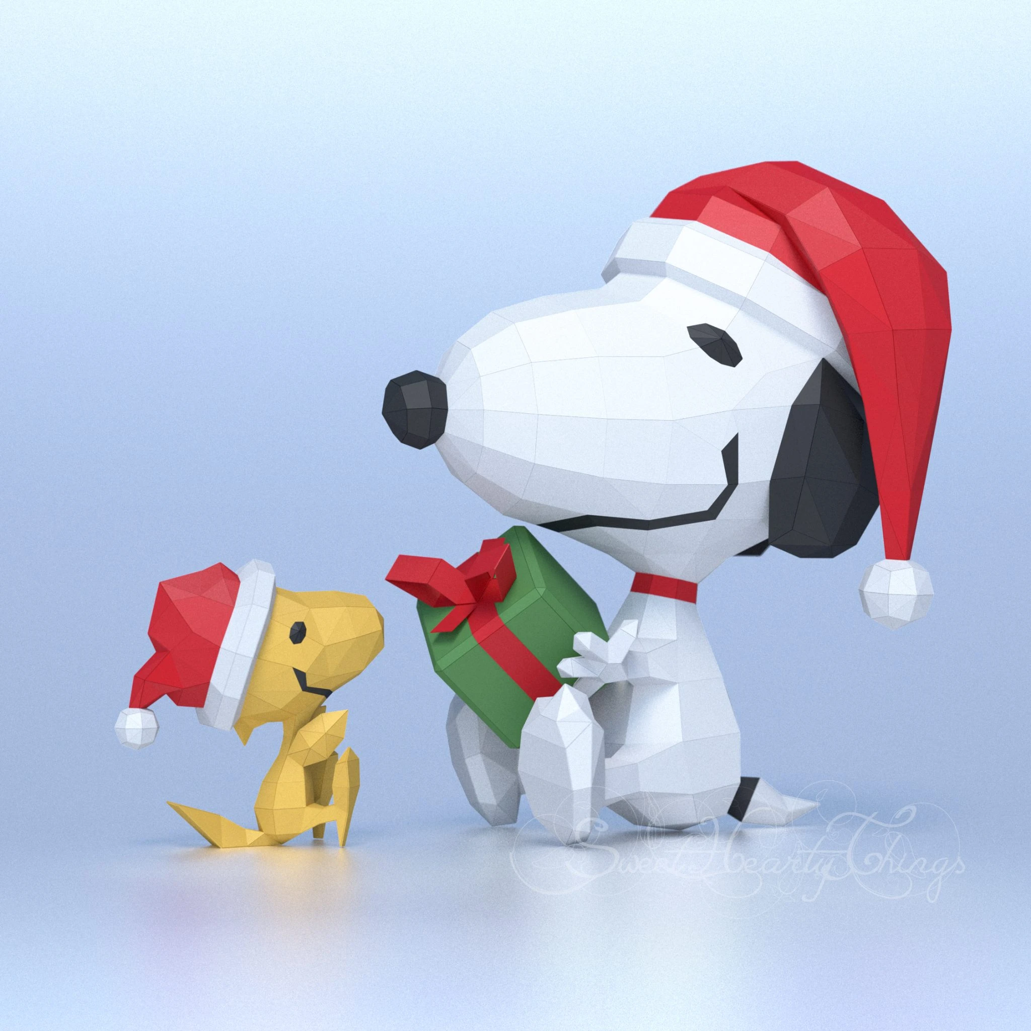 DIY 3d papercraft Snoopy & His Friend At Christmas PDF Templates Low Poly SweetHeartyThings