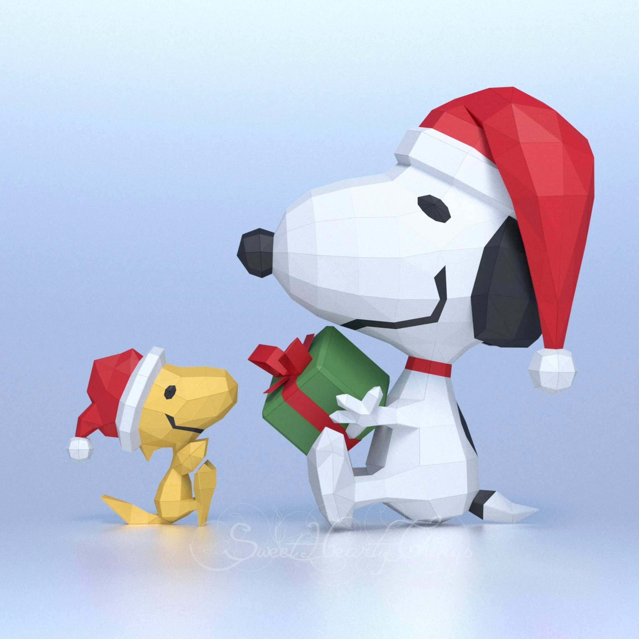 DIY 3d papercraft Snoopy & His Friend At Christmas PDF Templates Low Poly SweetHeartyThings