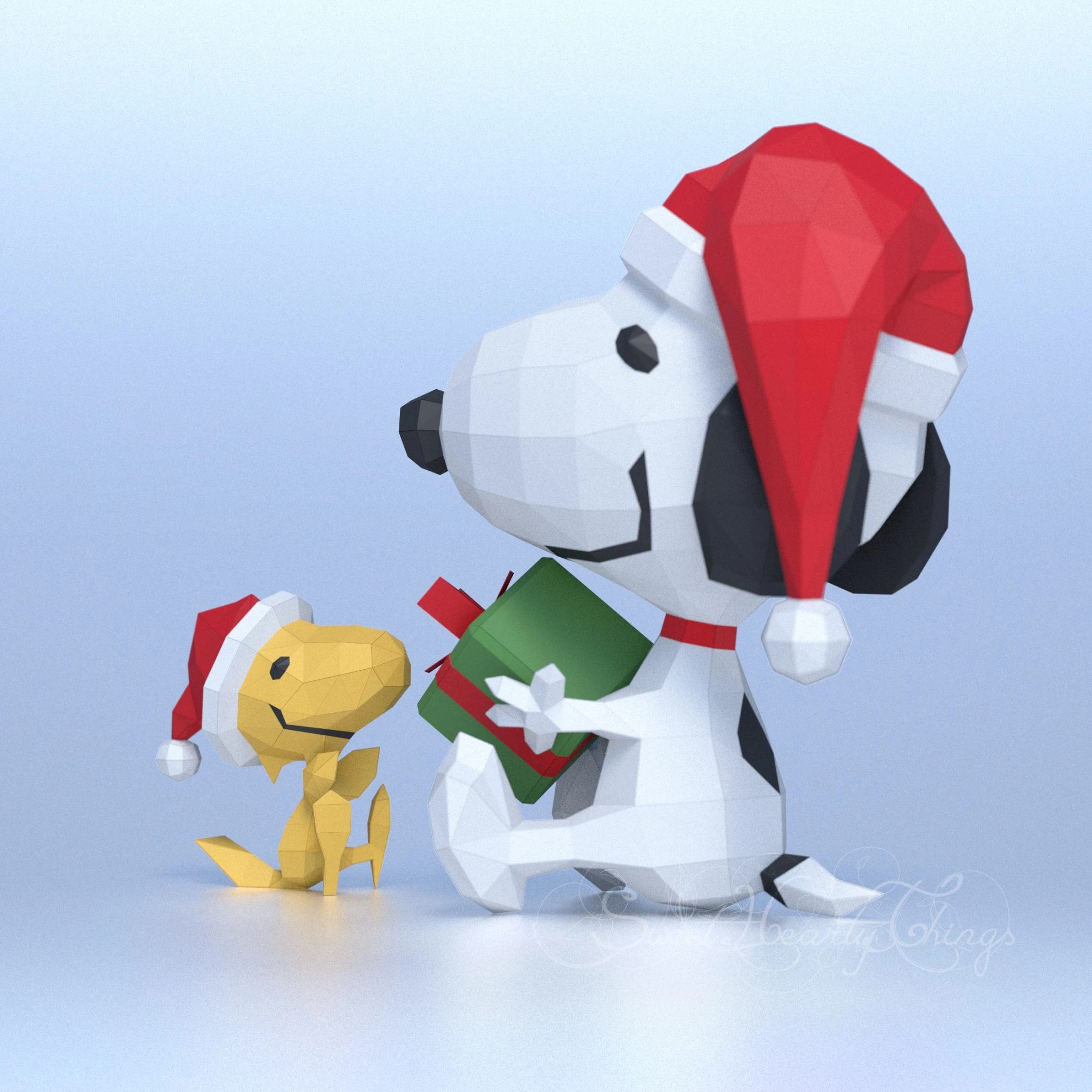 DIY 3d papercraft Snoopy & His Friend At Christmas PDF Templates Low Poly SweetHeartyThings