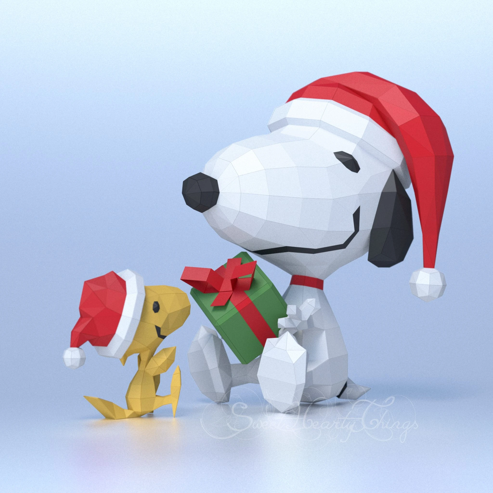 DIY 3d papercraft Snoopy & His Friend At Christmas PDF Templates Low Poly SweetHeartyThings