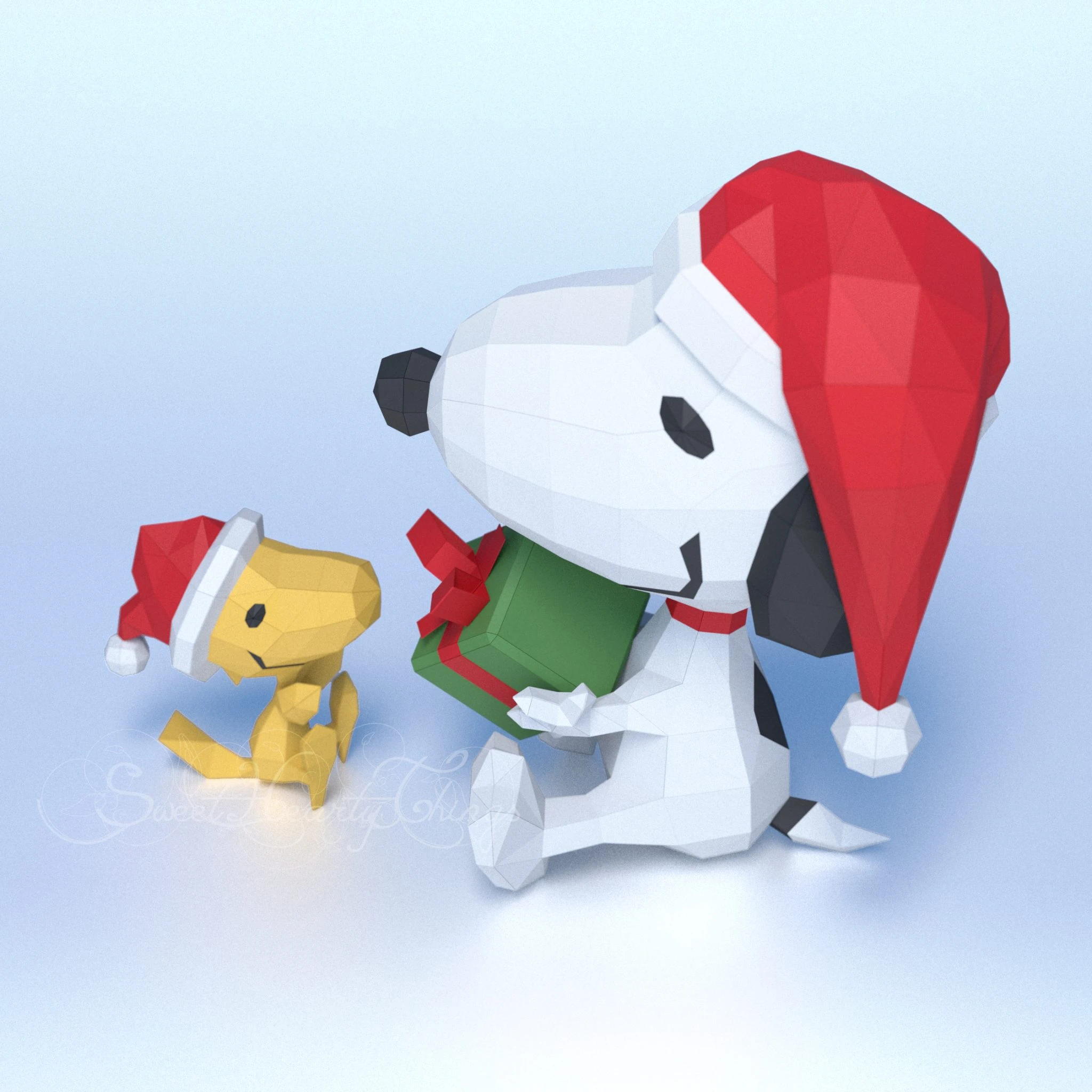 DIY 3d papercraft Snoopy & His Friend At Christmas PDF Templates Low Poly SweetHeartyThings