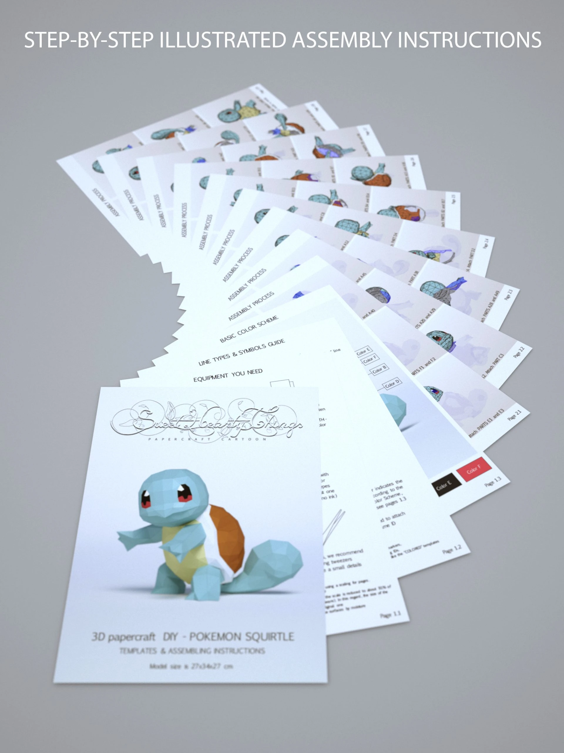 DIY 3d papercraft Pokemon Squirtle PDF Templates Low Poly SweetHeartyThings