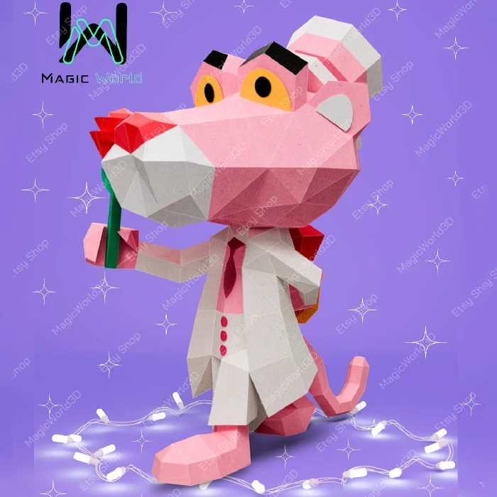 Pink Panther Low Poly, Papercraft, PDF template, Paper model, Sculpture, 3D puzzle, Polygonal model, Lowpoly