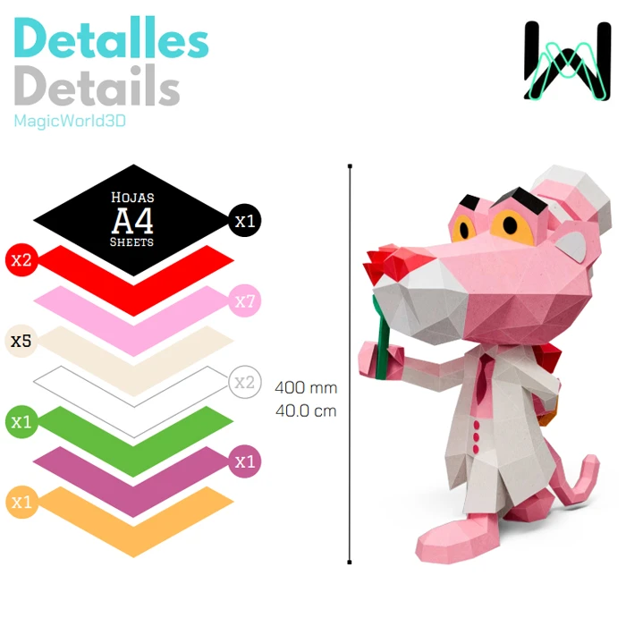 Pink Panther Low Poly, Papercraft, PDF template, Paper model, Sculpture, 3D puzzle, Polygonal model, Lowpoly