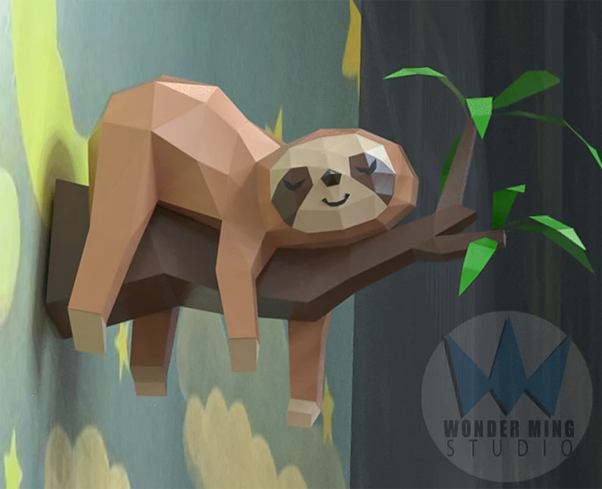 Sloth on branch Papercraft, Lowpoly, Lowpoly Papercraft