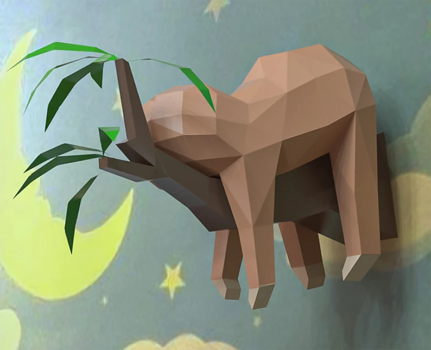 Sloth on branch Papercraft, Lowpoly, Lowpoly Papercraft