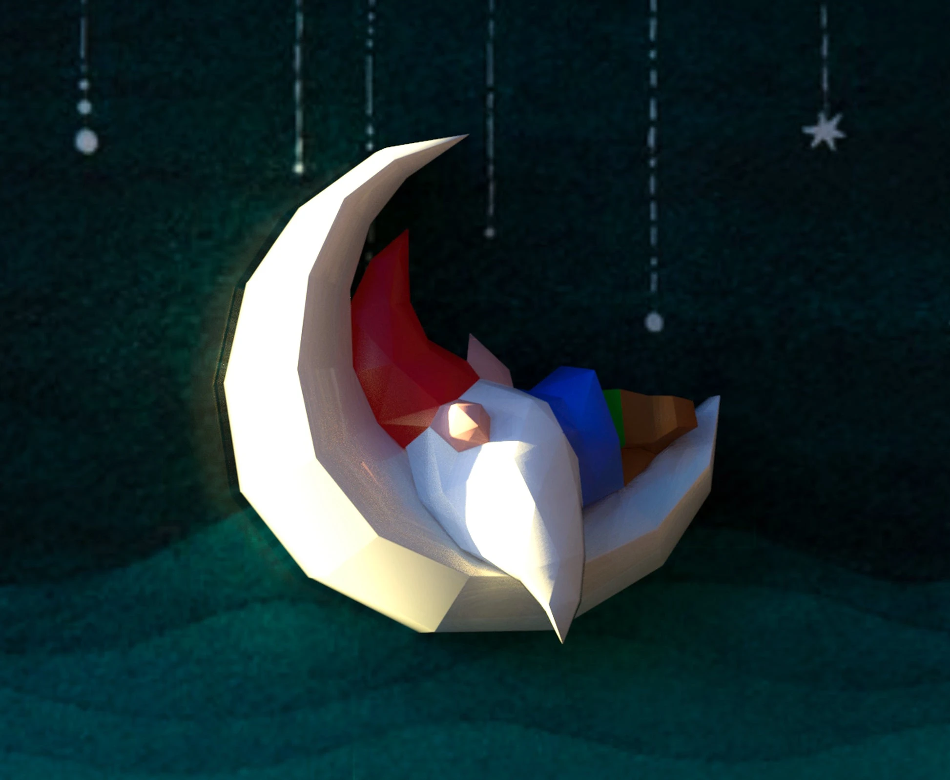 Gnome Sleeping on Moon Papercraft, Lowpoly, Lowpoly Papercraft