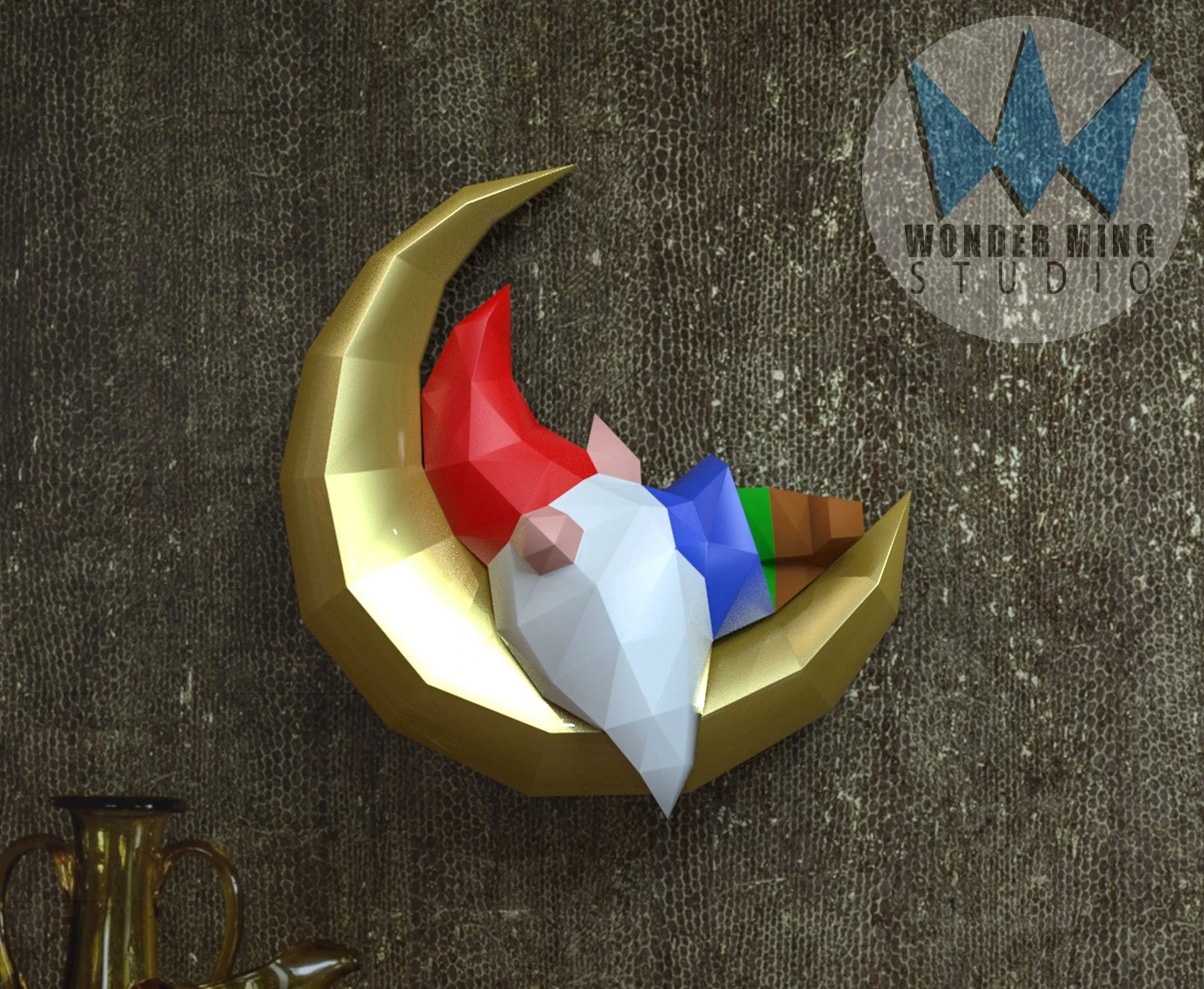 Gnome Sleeping on Moon Papercraft, Lowpoly, Lowpoly Papercraft