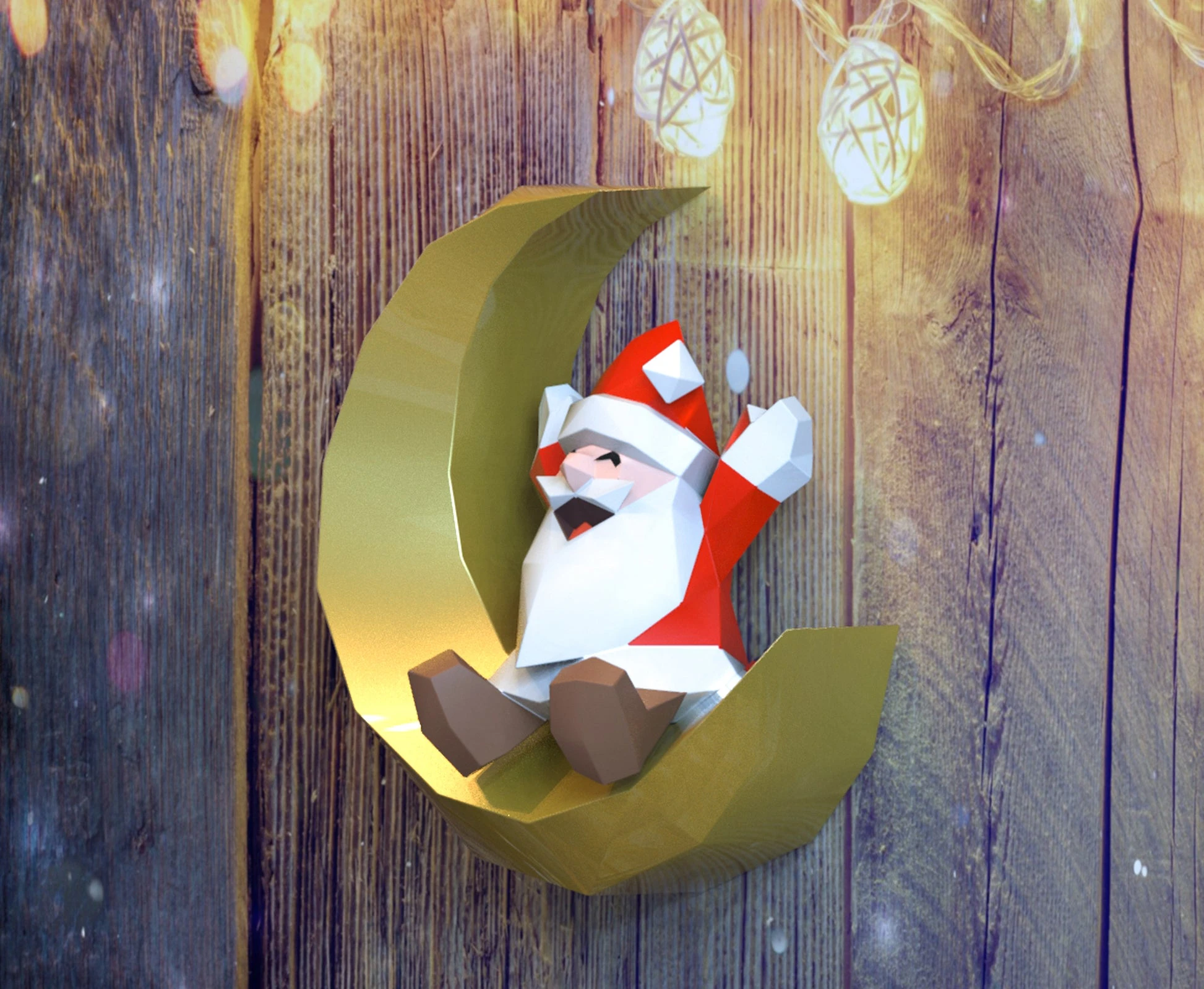 Santa seated on moon Papercraft, Lowpoly, Lowpoly Papercraft