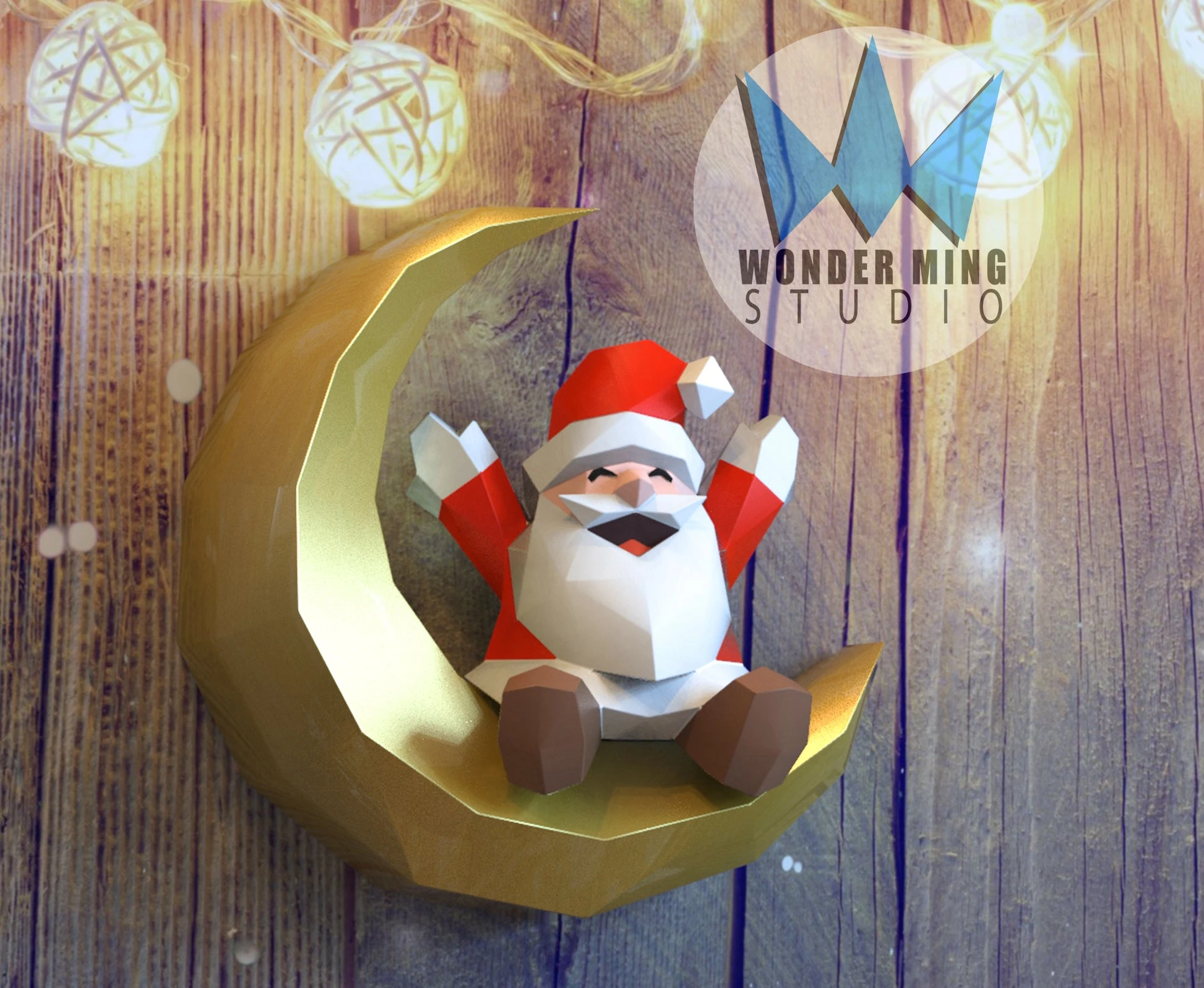 Santa seated on moon Papercraft, Lowpoly, Lowpoly Papercraft