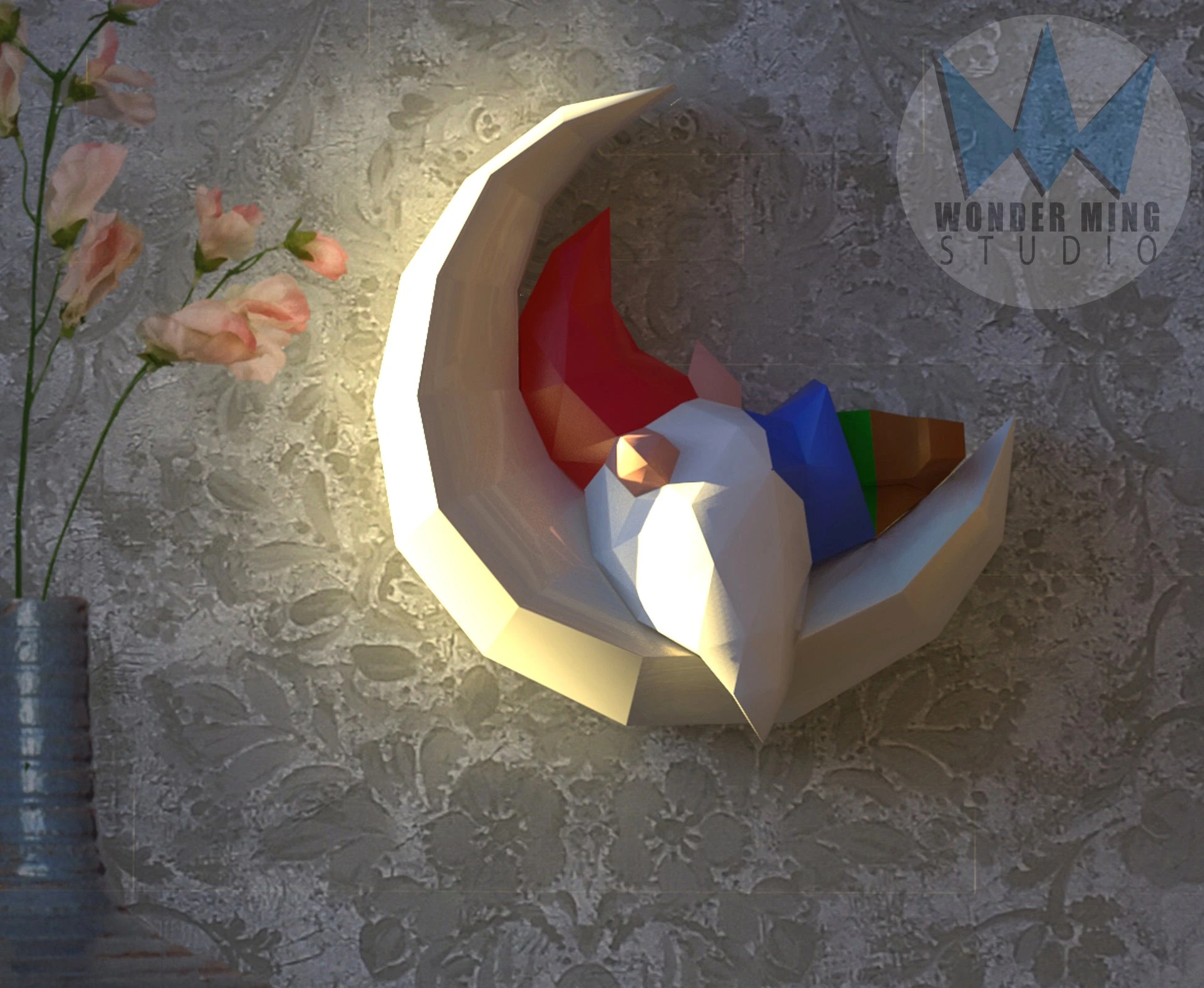 Gnome Sleeping on Moon Papercraft, Lowpoly, Lowpoly Papercraft