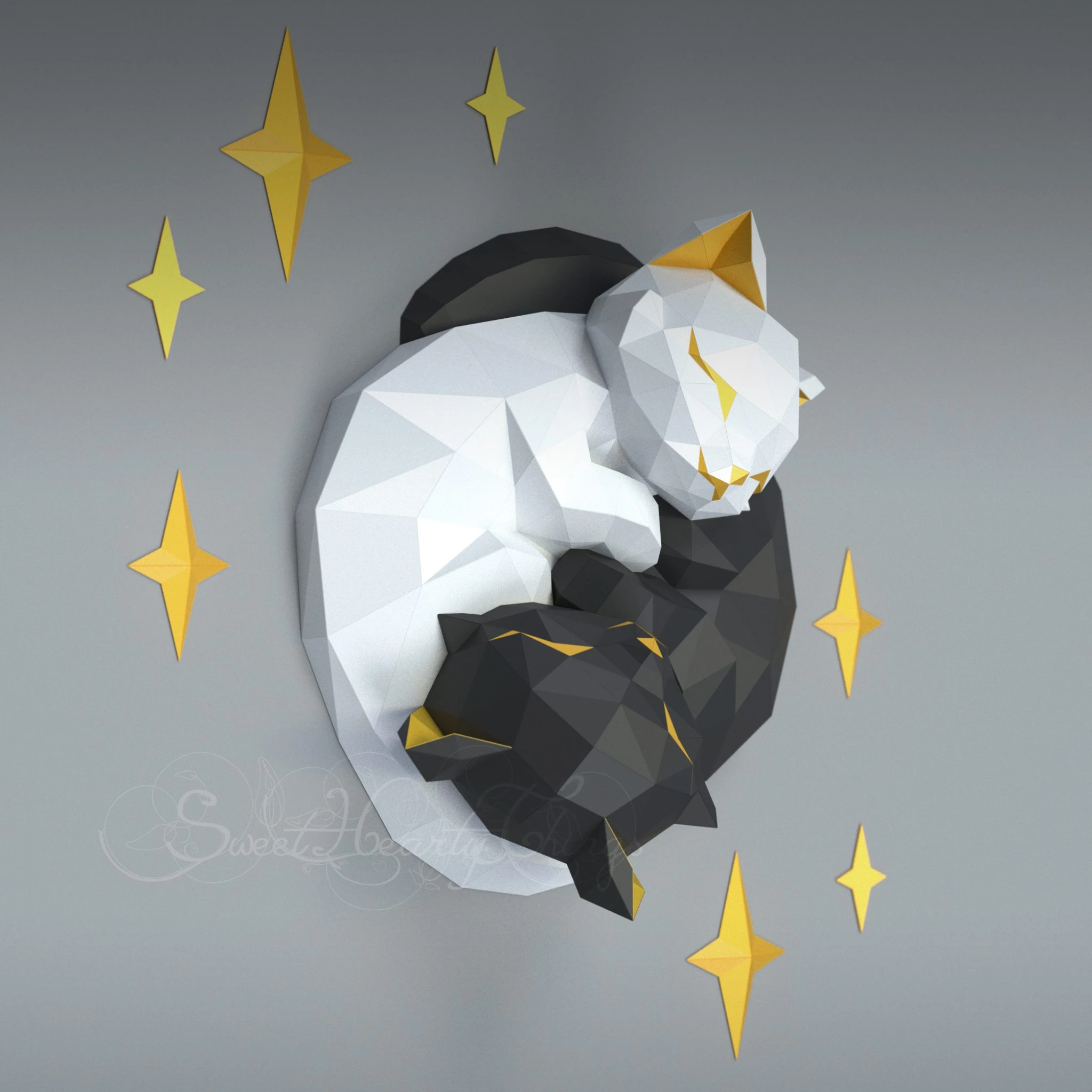 DIY 3d papercraft Yin Yang Kittens PDF Templates Low Poly SweetHeartyThings