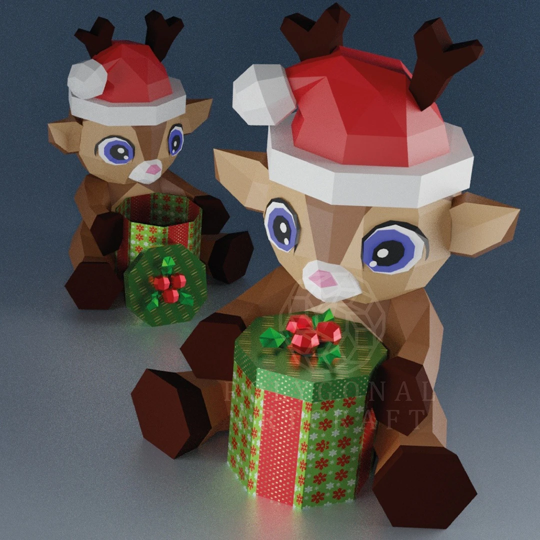 REINDEER with gift Papercraft 3d lowpoly PDF Template Decoration Christmas